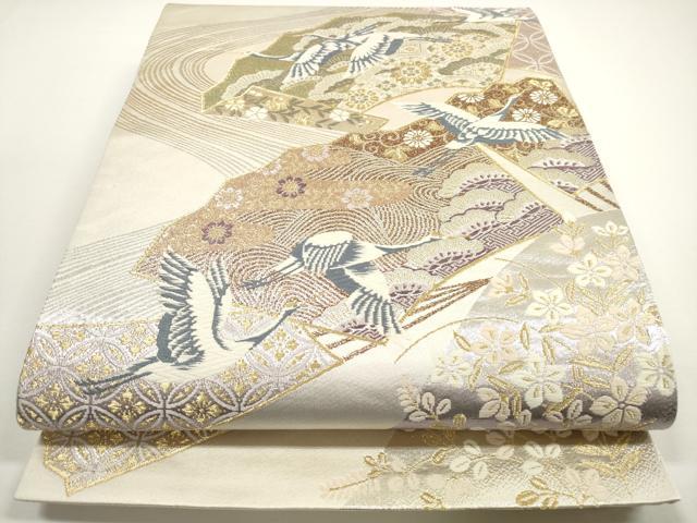平和屋着物◎六通柄袋帯 唐織 流水扇面飛鶴花文 金銀糸 正絹 逸品 DABE8300xg