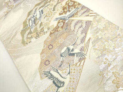 平和屋着物◎六通柄袋帯 唐織 流水扇面飛鶴花文 金銀糸 正絹 逸品 DABE8300xg