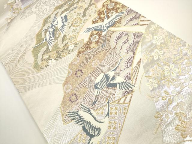 平和屋着物◎六通柄袋帯 唐織 流水扇面飛鶴花文 金銀糸 正絹 逸品 DABE8300xg