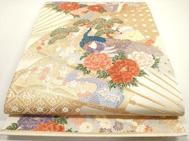 平和屋着物◎六通柄袋帯　唐織　扇面孔雀草花文　金銀糸　正絹　逸品　DABE8314xg