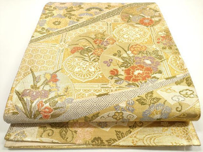 平和屋着物◎六通柄袋帯　切嵌吉祥花丸文　佳匠錦　金糸　正絹　逸品　DABE8317xg