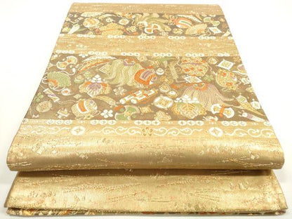 平和屋着物◎六通柄袋帯　横段宝尽くし　金糸　正絹　逸品　DABE8318xg