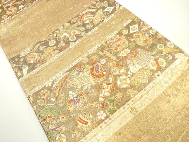 平和屋着物◎六通柄袋帯　横段宝尽くし　金糸　正絹　逸品　DABE8318xg