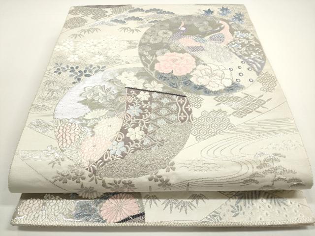 平和屋着物◎六通柄袋帯　唐織　孔雀花丸文　九百錦　プラチナ箔　正絹　逸品　DABE8324xg