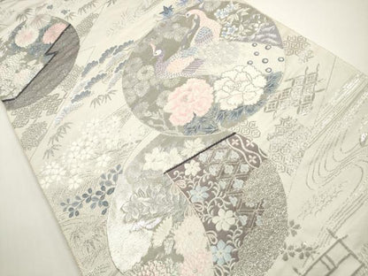 平和屋着物◎六通柄袋帯　唐織　孔雀花丸文　九百錦　プラチナ箔　正絹　逸品　DABE8324xg