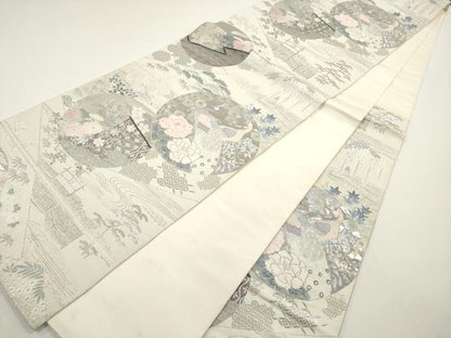 平和屋着物◎六通柄袋帯　唐織　孔雀花丸文　九百錦　プラチナ箔　正絹　逸品　DABE8324xg