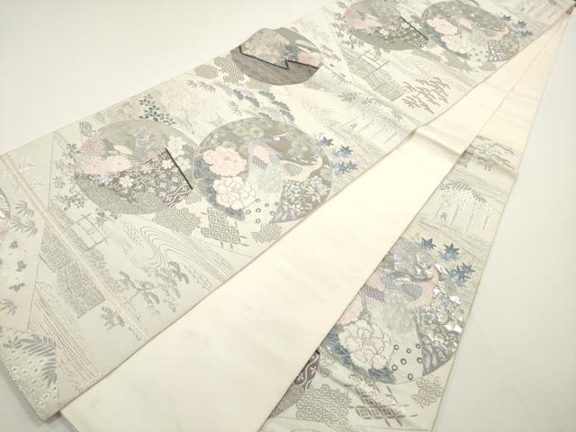 平和屋着物◎六通柄袋帯　唐織　孔雀花丸文　九百錦　プラチナ箔　正絹　逸品　DABE8324xg