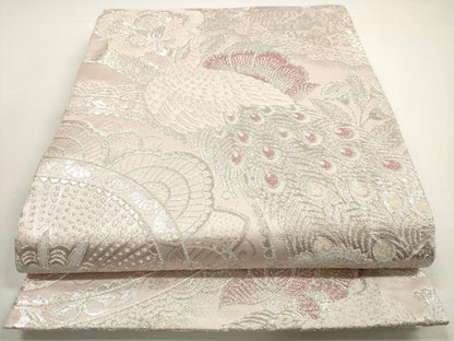 平和屋着物◎佐賀錦　両面　全通柄袋帯　孔雀花文　銀糸　正絹　逸品　DABE8326xg
