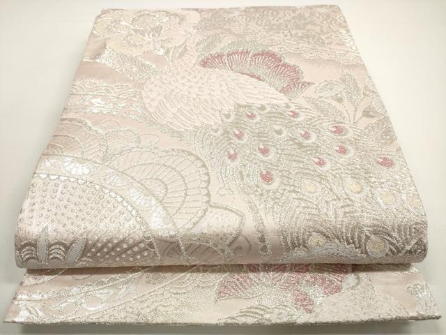 平和屋着物◎佐賀錦　両面　全通柄袋帯　孔雀花文　銀糸　正絹　逸品　DABE8326xg