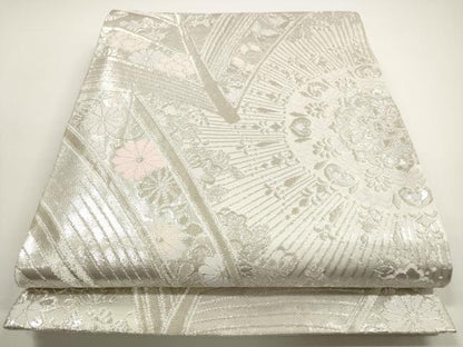 平和屋着物◎佐賀錦　両面　全通柄袋帯　孔雀花文　銀糸　正絹　逸品　DABE8326xg
