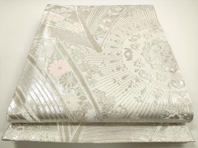 平和屋着物◎佐賀錦　両面　全通柄袋帯　孔雀花文　銀糸　正絹　逸品　DABE8326xg