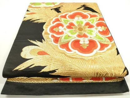 平和屋着物◎六通柄袋帯　唐織　孔雀羽正倉院花文　黒地　金糸　正絹　逸品　DABE8334xg