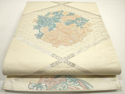 平和屋着物◎六通柄袋帯　菱草花文　銀糸　正絹　逸品　DABE8346xg