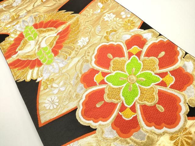 平和屋着物◎六通柄袋帯 唐織 双鶴正倉院花文 黒地 金銀糸 正絹 逸品 DABE8358xg