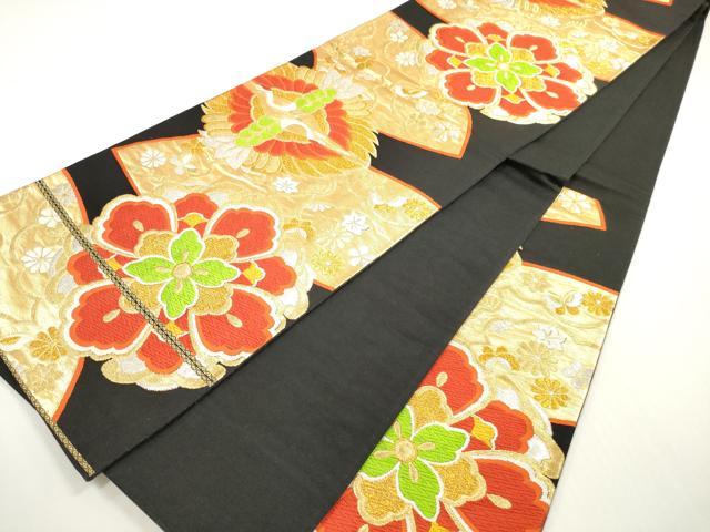 平和屋着物◎六通柄袋帯 唐織 双鶴正倉院花文 黒地 金銀糸 正絹 逸品 DABE8358xg