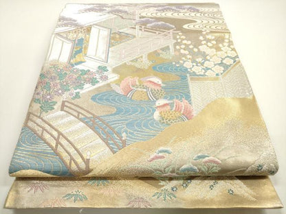 平和屋着物◎六通柄袋帯 流水鴛鴦風景文 金銀糸 正絹 逸品 DABE8374xg