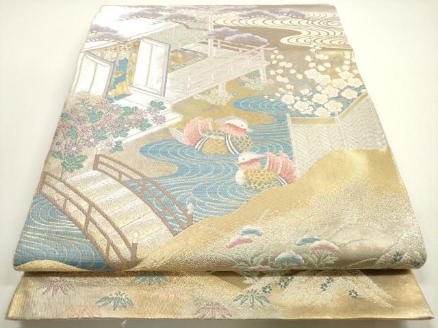 平和屋着物◎六通柄袋帯 流水鴛鴦風景文 金銀糸 正絹 逸品 DABE8374xg