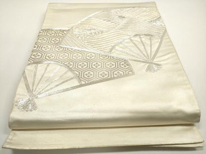 平和屋着物◎太鼓柄袋帯 駒刺繍 扇面立波文 銀糸 銀彩 正絹 逸品 DABE8375xg