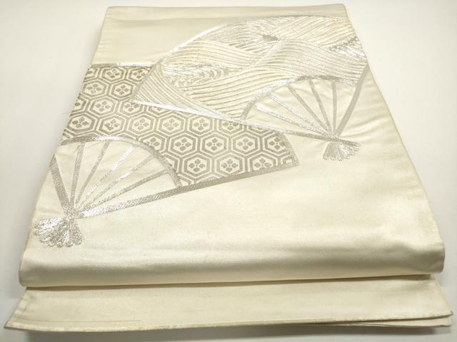 平和屋着物◎太鼓柄袋帯 駒刺繍 扇面立波文 銀糸 銀彩 正絹 逸品 DABE8375xg
