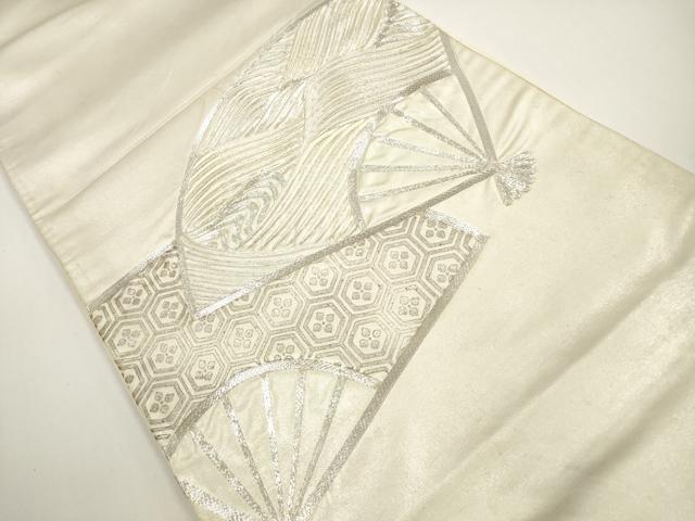 平和屋着物◎太鼓柄袋帯 駒刺繍 扇面立波文 銀糸 銀彩 正絹 逸品 DABE8375xg