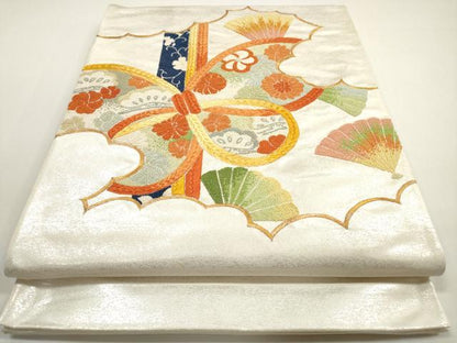 平和屋着物◎中国三大刺繍　相良刺繍　総刺繍　太鼓柄袋帯　扇面花蝶文　金銀糸　正絹　逸品　DABE8470xg