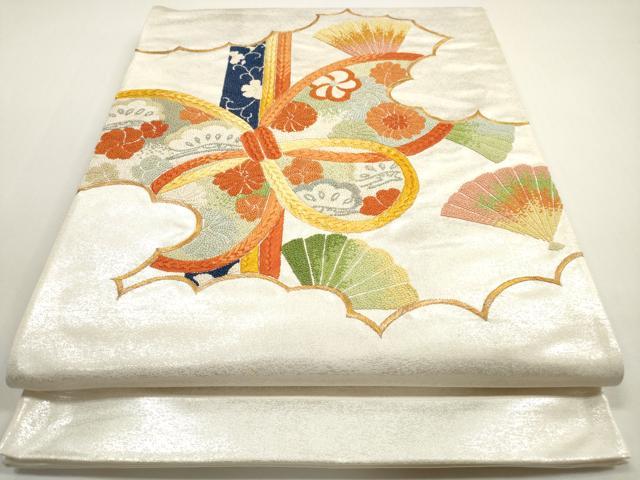 平和屋着物◎中国三大刺繍　相良刺繍　総刺繍　太鼓柄袋帯　扇面花蝶文　金銀糸　正絹　逸品　DABE8470xg
