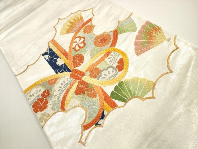 平和屋着物◎中国三大刺繍　相良刺繍　総刺繍　太鼓柄袋帯　扇面花蝶文　金銀糸　正絹　逸品　DABE8470xg
