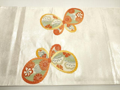 平和屋着物◎中国三大刺繍　相良刺繍　総刺繍　太鼓柄袋帯　扇面花蝶文　金銀糸　正絹　逸品　DABE8470xg
