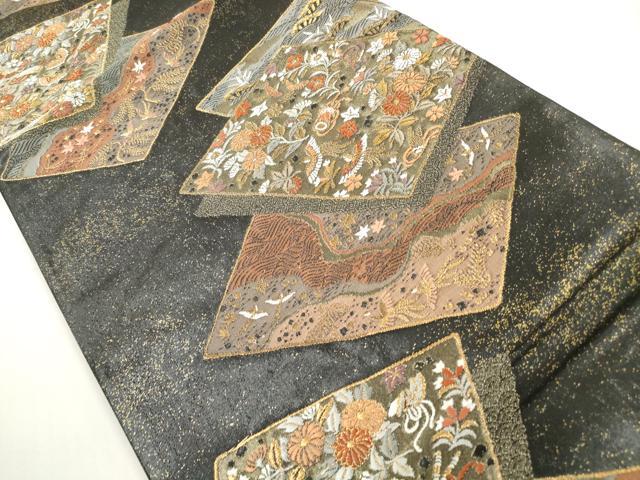 平和屋着物◎六通柄袋帯　色紙重ね花鳥舞蝶文　金糸　正絹　逸品　DABE8483xg