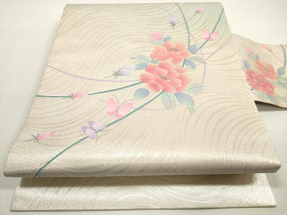 平和屋着物◎九寸名古屋帯　駒刺繍　花蝶文　金銀彩　正絹　逸品　DABE8485xg