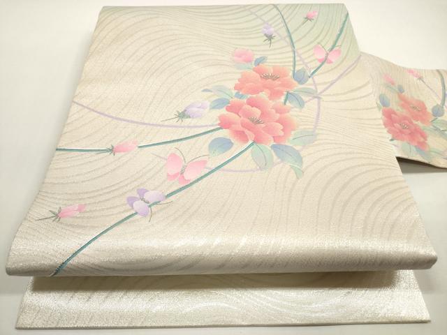 平和屋着物◎九寸名古屋帯　駒刺繍　花蝶文　金銀彩　正絹　逸品　DABE8485xg