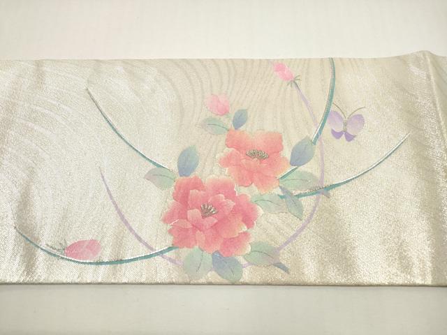 平和屋着物◎九寸名古屋帯　駒刺繍　花蝶文　金銀彩　正絹　逸品　DABE8485xg