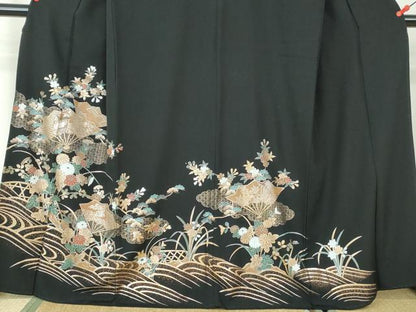 平和屋着物■豪華黒留袖 流水扇面花文 金彩 正絹 逸品 DABE8547qa