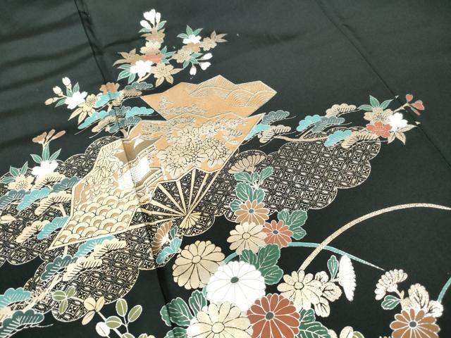 平和屋着物■豪華黒留袖 流水扇面花文 金彩 正絹 逸品 DABE8547qa