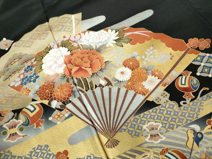 平和屋着物■豪華黒留袖 作家物 駒刺繍 扇面宝尽くし花文 暈し染め 金銀彩 正絹 逸品 DABE8550qa