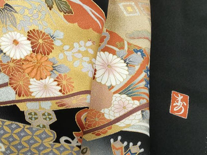 平和屋着物■豪華黒留袖 作家物 駒刺繍 扇面宝尽くし花文 暈し染め 金銀彩 正絹 逸品 DABE8550qa