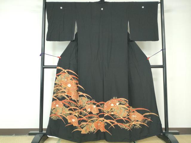 平和屋着物■豪華黒留袖　駒刺繍　地紙枝松花文　金彩　正絹　逸品　DABE8595qa