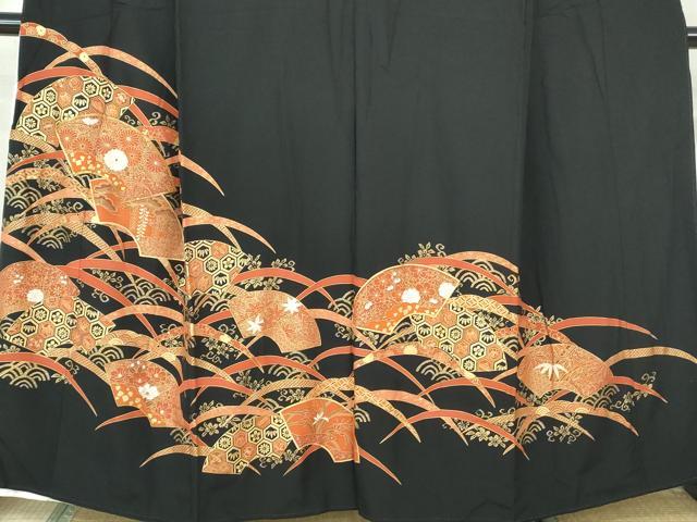 平和屋着物■豪華黒留袖　駒刺繍　地紙枝松花文　金彩　正絹　逸品　DABE8595qa