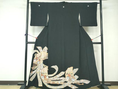 平和屋着物■豪華黒留袖　駒刺繍　扇面花鳥文　金彩　正絹　逸品　DABE8603qa