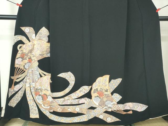 平和屋着物■豪華黒留袖　駒刺繍　扇面花鳥文　金彩　正絹　逸品　DABE8603qa