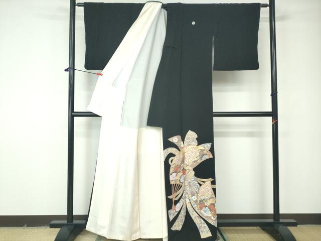 平和屋着物■豪華黒留袖　駒刺繍　扇面花鳥文　金彩　正絹　逸品　DABE8603qa