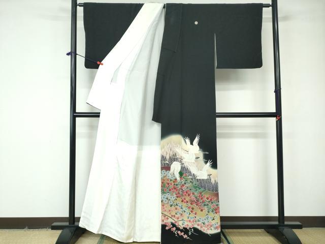平和屋着物■豪華黒留袖　群鶴樹林花文　暈し染め　正絹　逸品　DABE8619qa