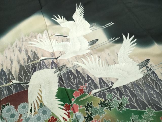 平和屋着物■豪華黒留袖　群鶴樹林花文　暈し染め　正絹　逸品　DABE8619qa