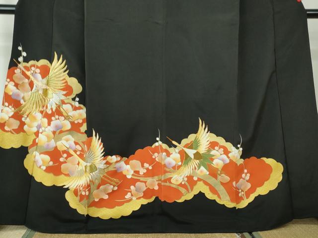 平和屋着物■豪華黒留袖 駒刺繍 飛鶴枝花文 金銀糸 金彩 正絹 逸品 DABE8630qa