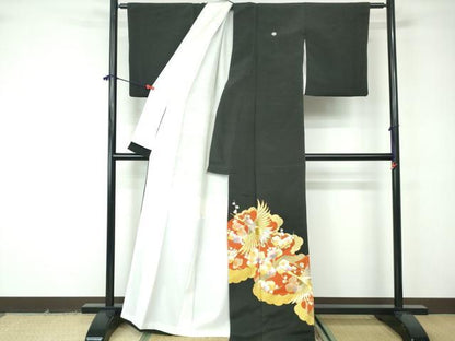 平和屋着物■豪華黒留袖 駒刺繍 飛鶴枝花文 金銀糸 金彩 正絹 逸品 DABE8630qa
