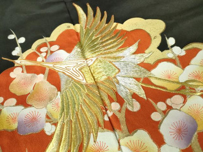 平和屋着物■豪華黒留袖 駒刺繍 飛鶴枝花文 金銀糸 金彩 正絹 逸品 DABE8630qa