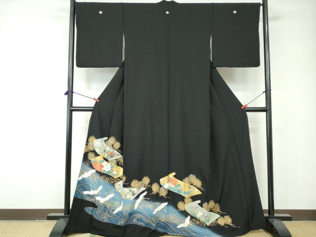 平和屋着物■豪華黒留袖 絵巻飛鶴花文 暈し染め 金銀彩 正絹 逸品 DABE8641qa