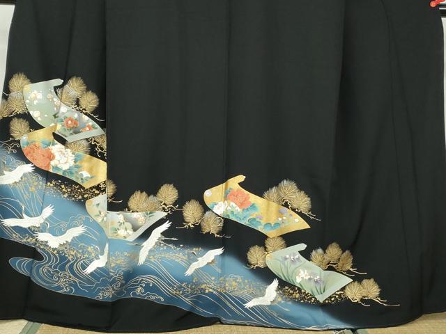 平和屋着物■豪華黒留袖 絵巻飛鶴花文 暈し染め 金銀彩 正絹 逸品 DABE8641qa
