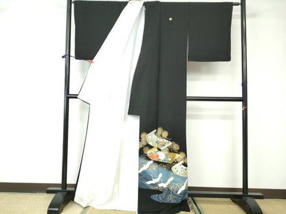 平和屋着物■豪華黒留袖 絵巻飛鶴花文 暈し染め 金銀彩 正絹 逸品 DABE8641qa