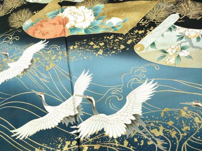 平和屋着物■豪華黒留袖 絵巻飛鶴花文 暈し染め 金銀彩 正絹 逸品 DABE8641qa
